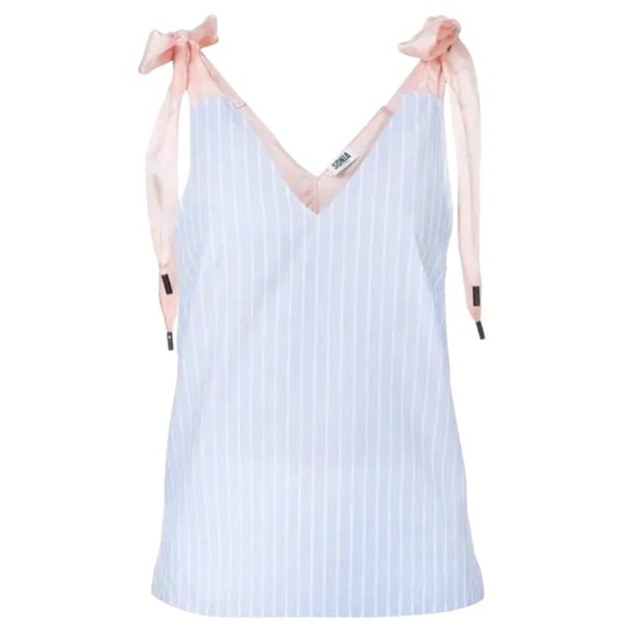Sonia Rykiel Shoulder Bow Tie Cami Tank Striped and Eyelet - Picture 1 of 12
